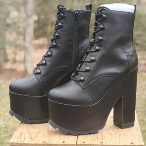 YRU "NIGHT TERROR" Black Lace-Up Platform Ankle Boots with High Block Heel